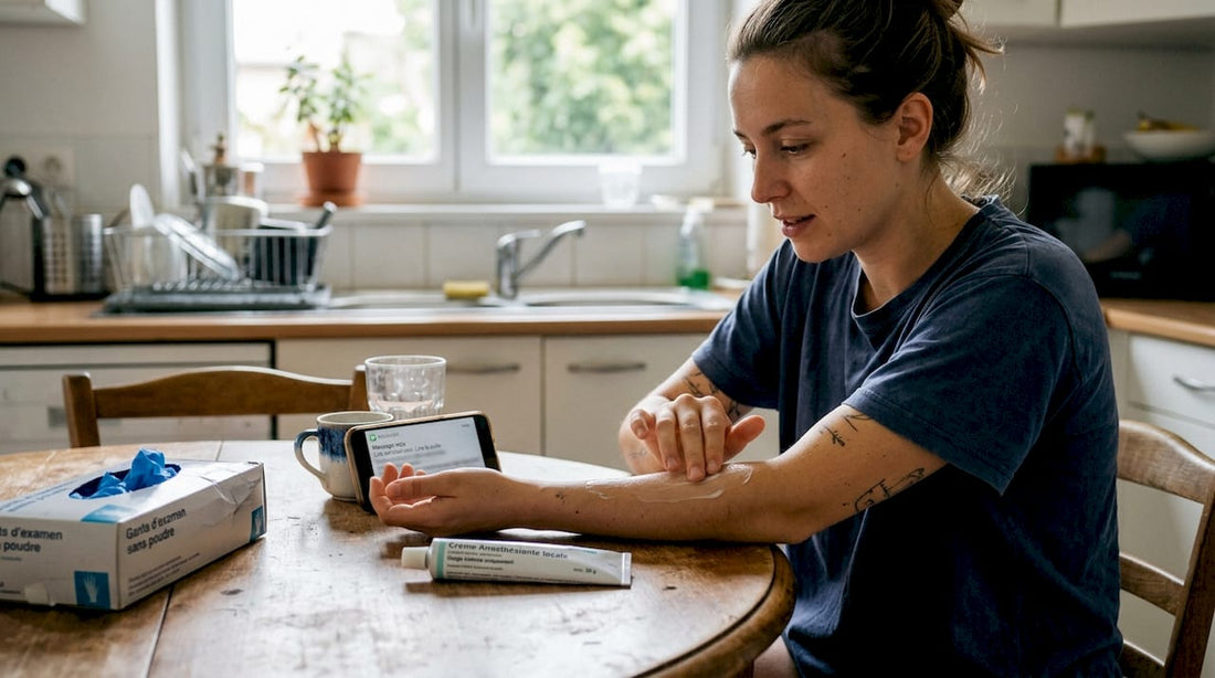 Assise à la table de la cuisine, une femme s’applique soigneusement une crème sur la peau avant de se faire tatouer.