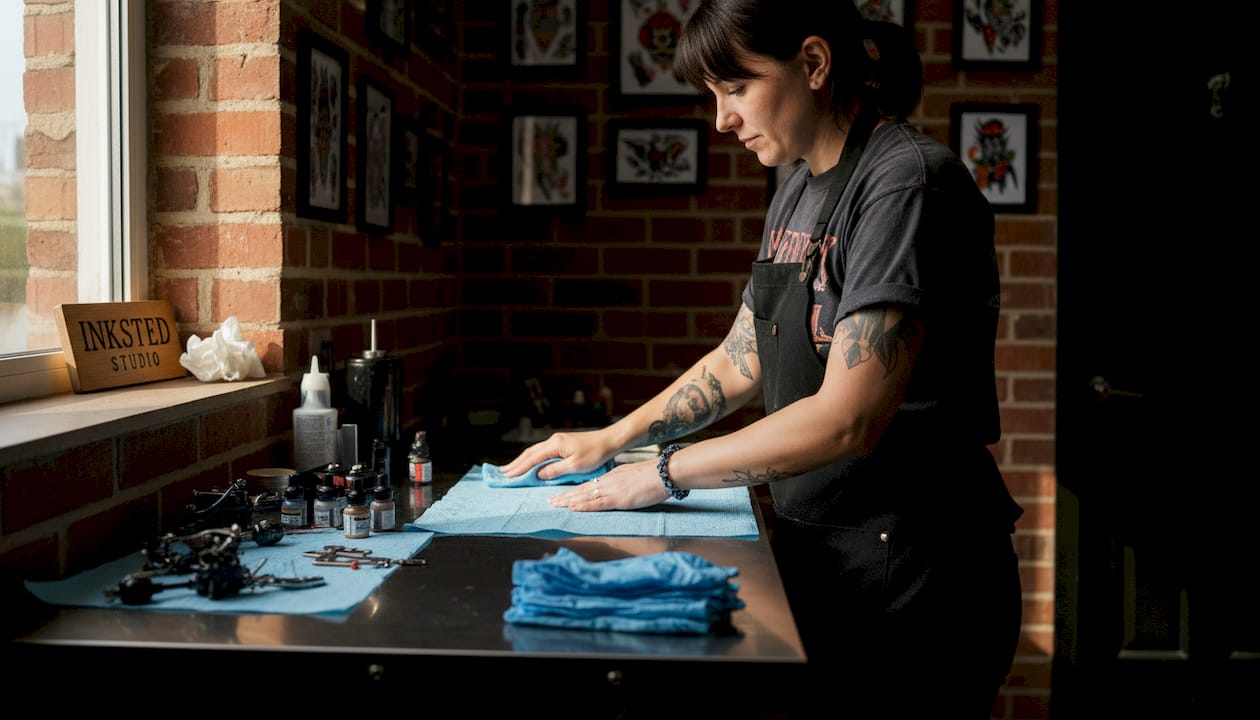 Een tatoeëerder zorgt ervoor dat zijn werkplek helemaal schoon en netjes is voordat hij aan de slag gaat.
