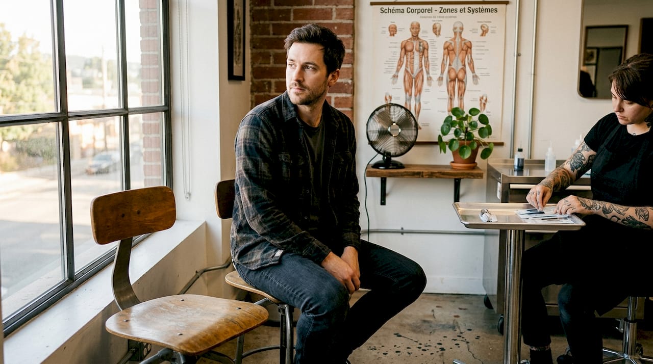 Un homme songeur assis dans un salon de tatouage moderne