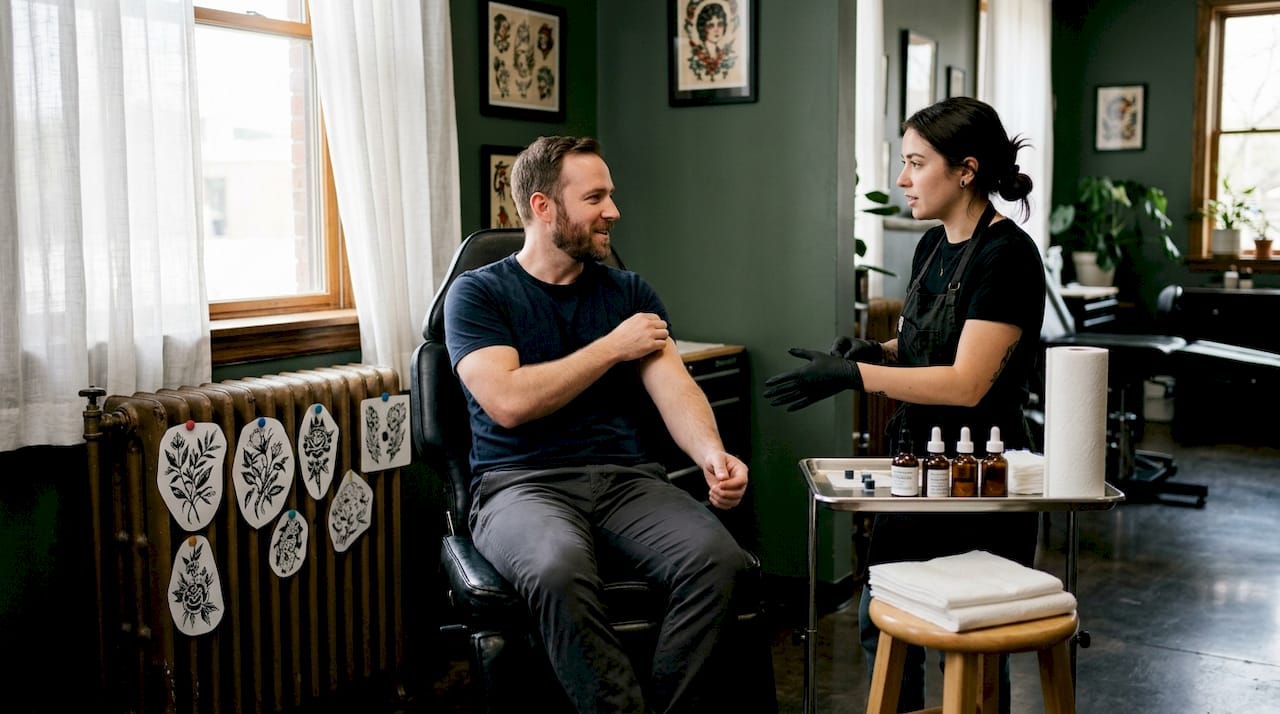 Échange serein dans un salon de tatouage tendance