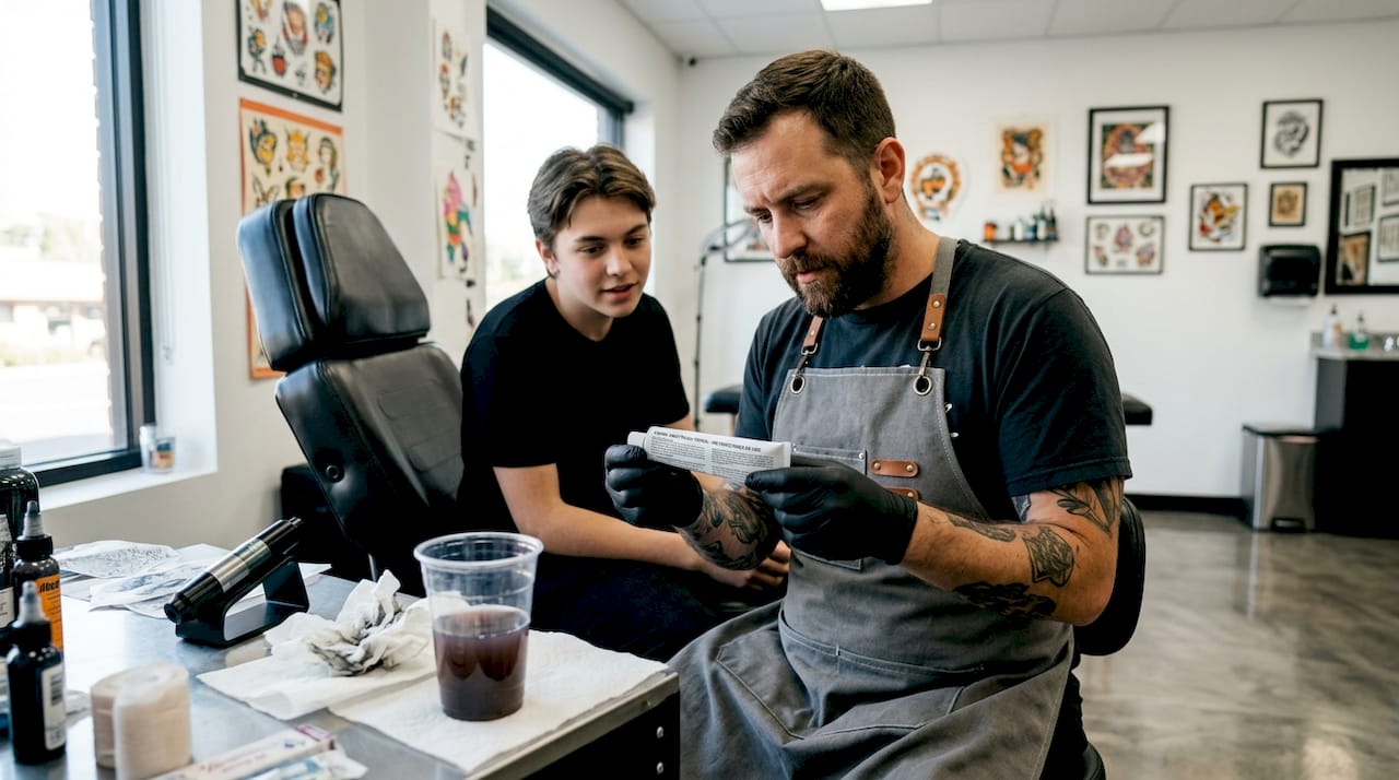 El tatuador y su cliente revisan juntos la crema anestésica antes de comenzar la sesión en el estudio.