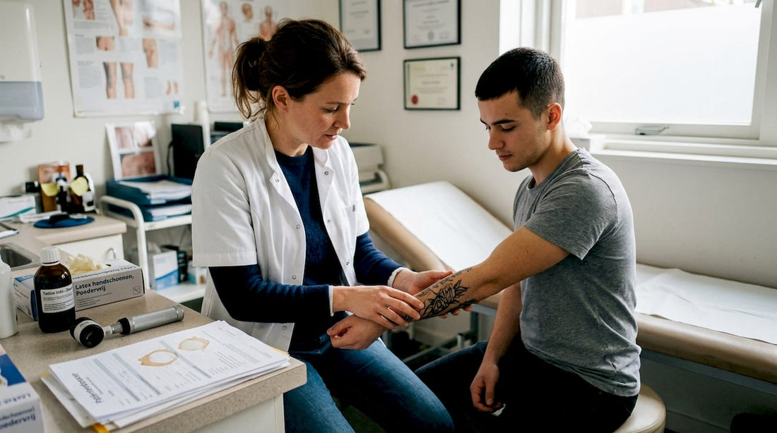 Een dermatoloog bekijkt een verse tatoeage op de onderarm.