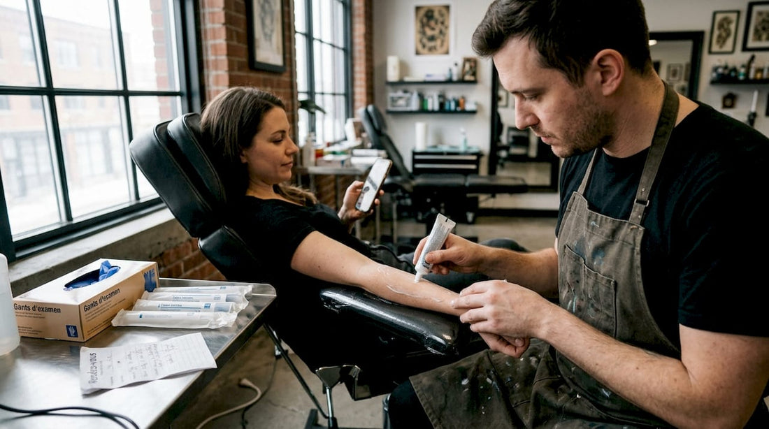 Dans son salon, le tatoueur applique une crème anesthésiante pour préparer la peau avant de commencer le tatouage.