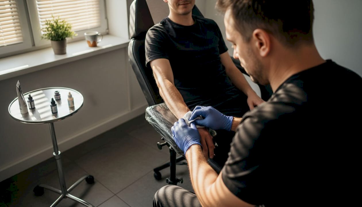 De tatoeëerder maakt de arm klaar voor de sessie.