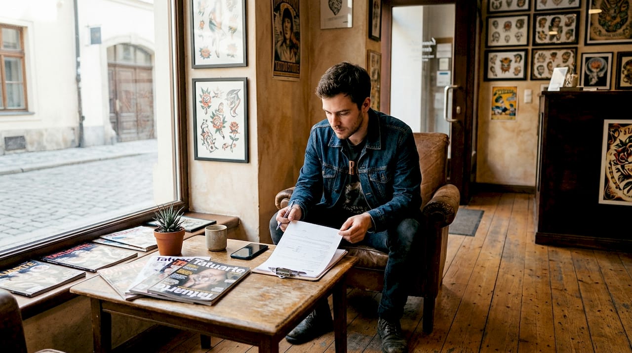 Un cliente hojea revistas mientras espera su turno en la sala de espera del estudio de tatuajes.