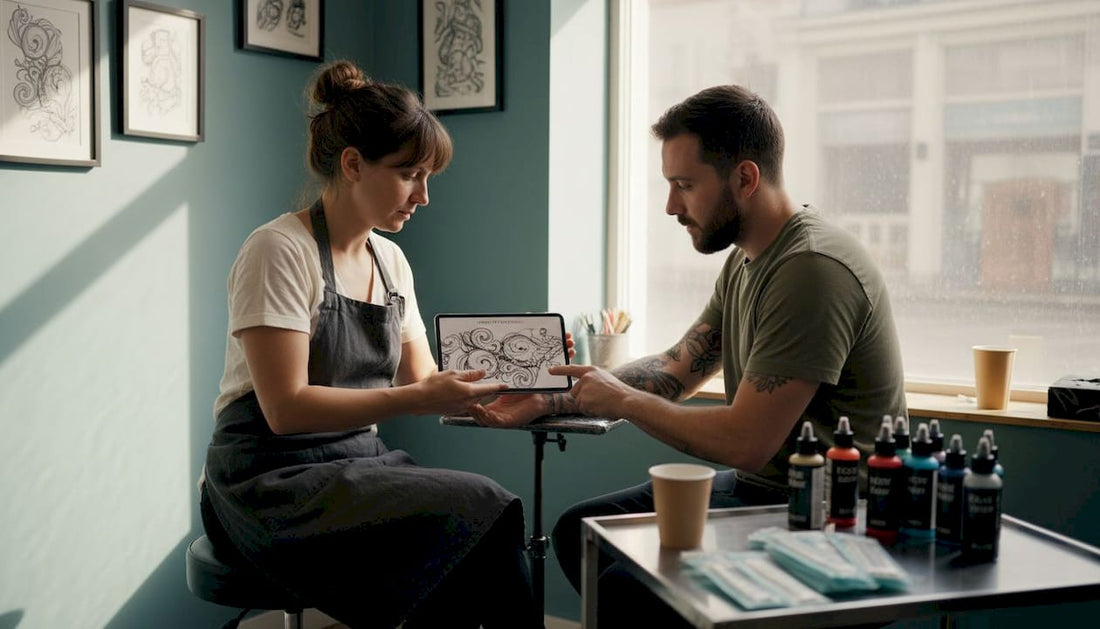 Un tatoueur échange avec son client pour discuter du projet dans son atelier.