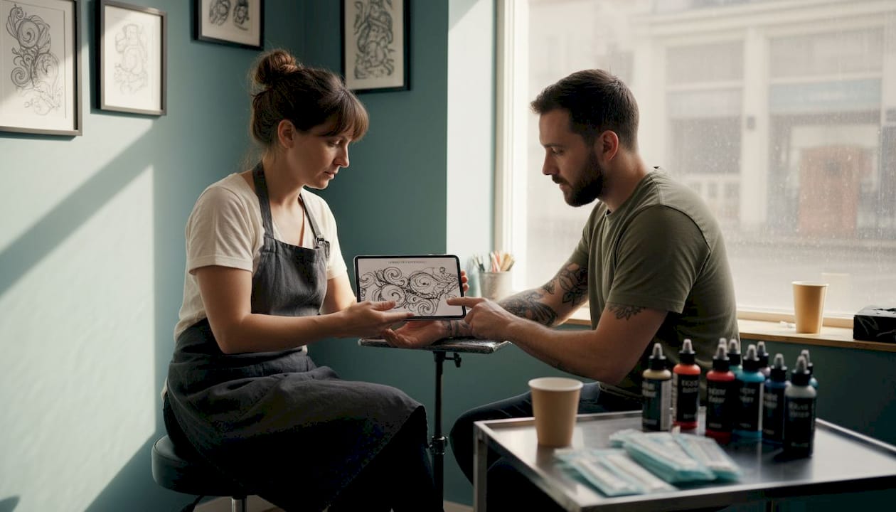 Un tatoueur échange avec son client pour discuter du projet dans son atelier.