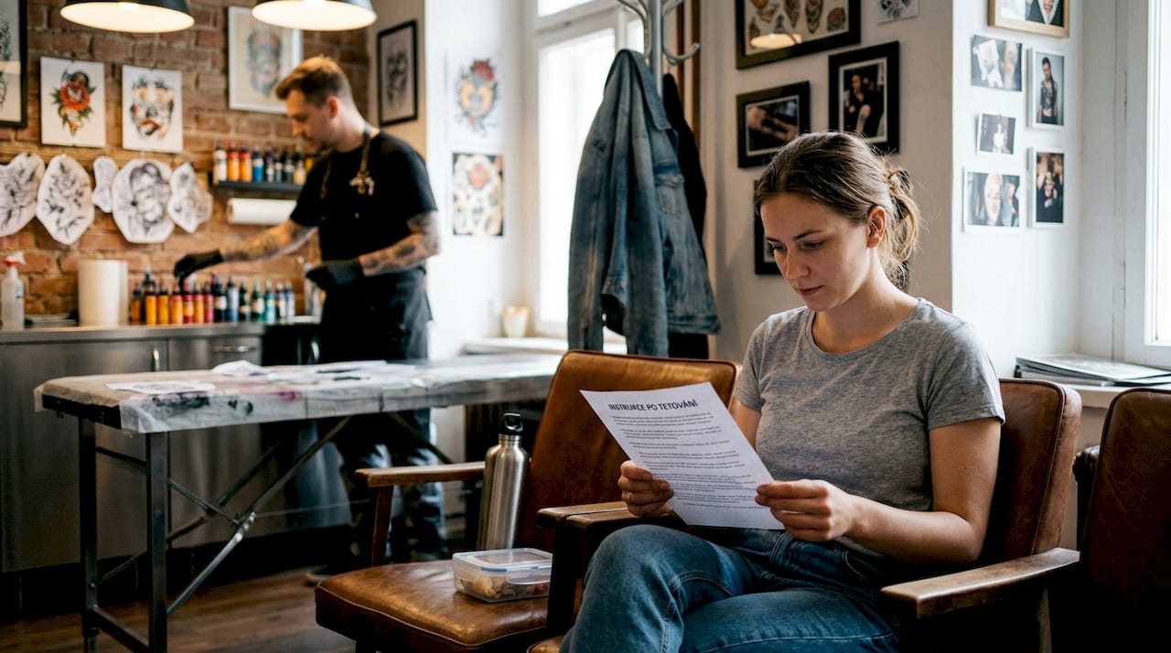 Klient se v čekárně tetovacího studia připravuje na zákrok.