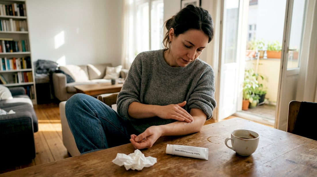 Eine Frau trägt in ihrem Wohnzimmer eine betäubende Creme auf, um sich auf ihr Tattoo vorzubereiten.