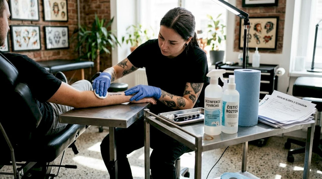 Tatér si v rukavicích připravuje pokožku klienta před samotným tetováním ve studiu.