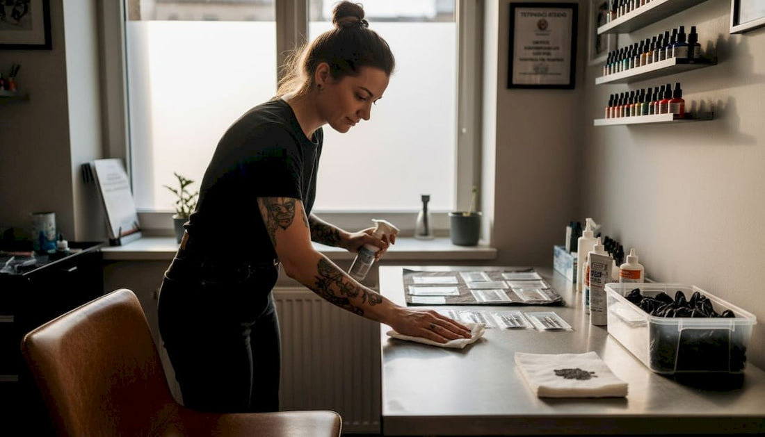 Tatér si právě dává do pořádku svoje pracovní místo ve studiu.