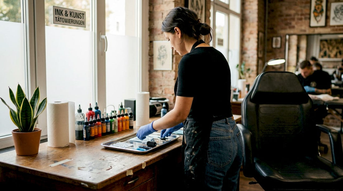 Ein Tätowierer richtet seinen Arbeitsplatz im Studio sorgfältig für die nächste Sitzung her.