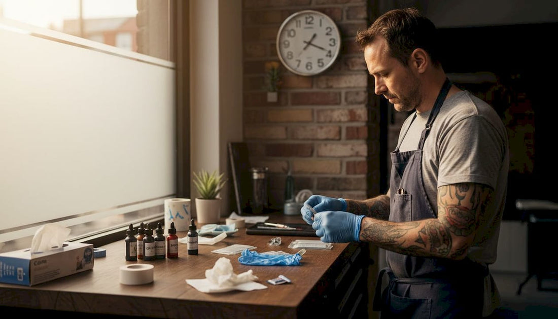 Ein Tätowierer bereitet im Studio sein Equipment sorgfältig und unter Einhaltung aller Hygienestandards vor.
