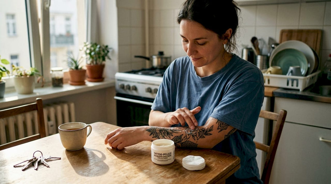 Eine Frau trägt am Tisch eine spezielle Pflegecreme auf ihr frisches Tattoo auf.