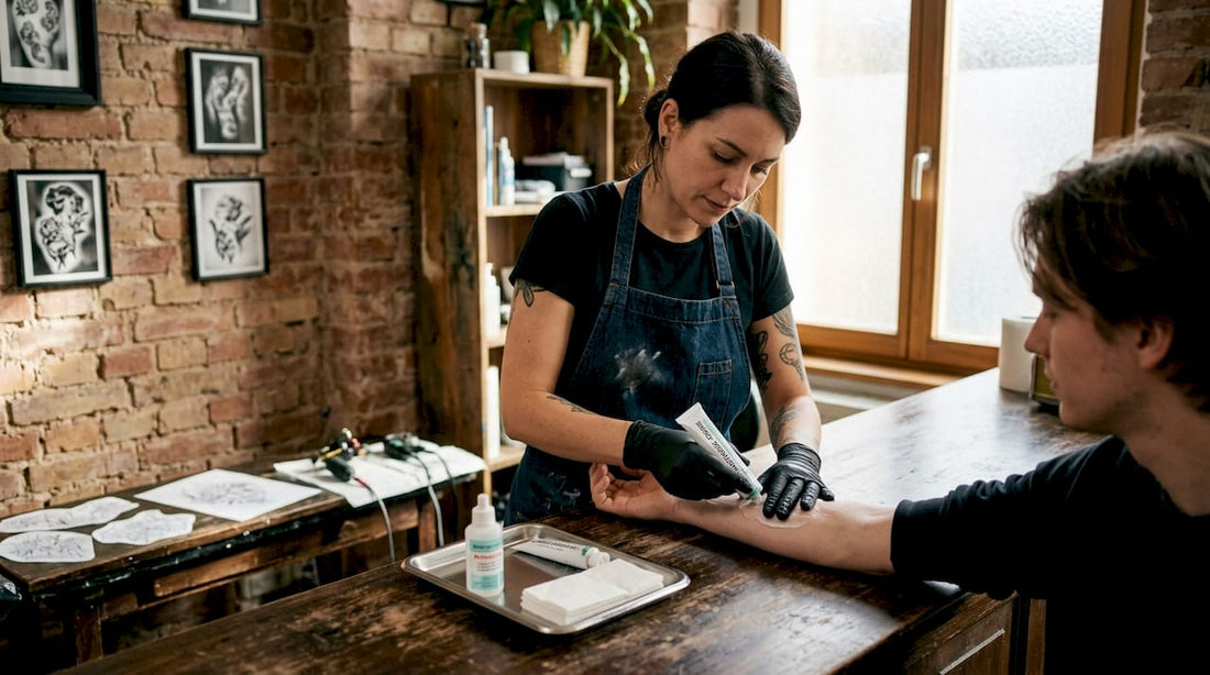 Ein Tätowierer trägt eine betäubende Creme auf, um die Haut für die Tätowierung vorzubereiten.