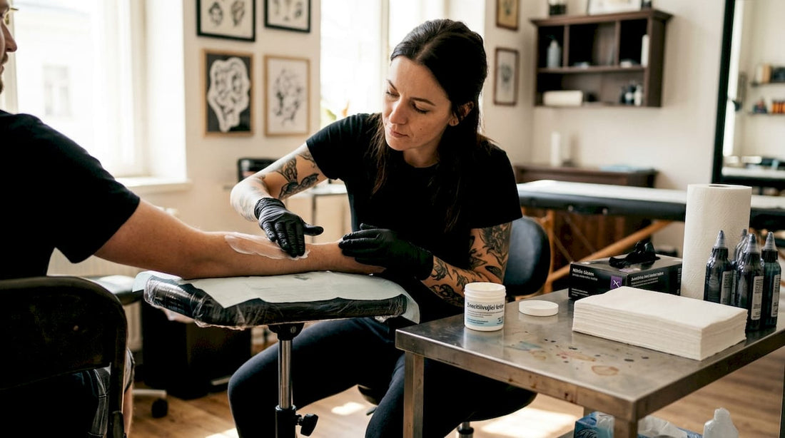 Tatér nanáší znecitlivující gel přímo ve studiu.