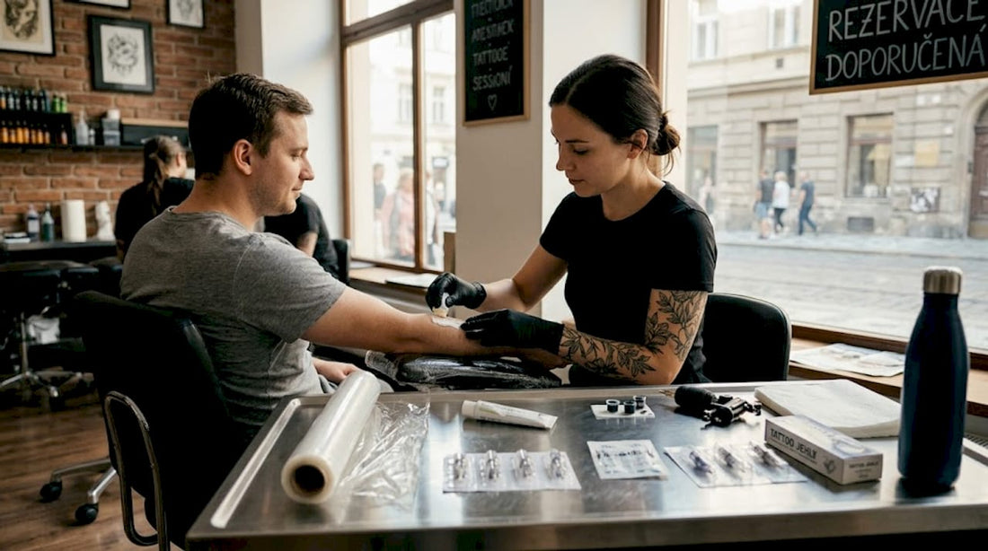 Tatér nanáší znecitlivující krém na pokožku před začátkem tetování.