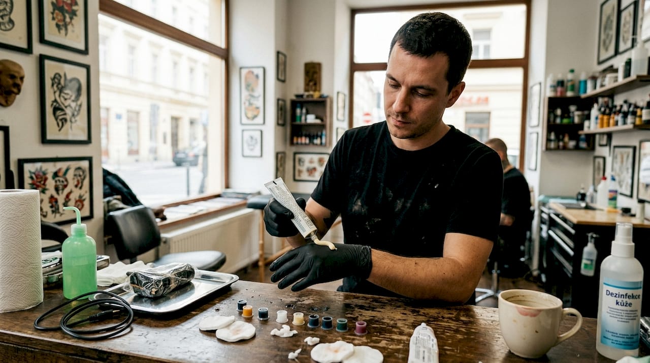 Tatér připravuje znecitlivující krém před samotným tetováním.