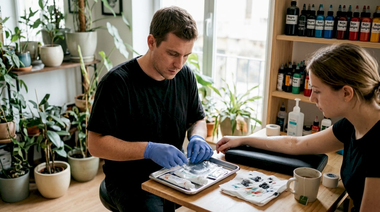 El tatuador se dispone a preparar la anestesia en su taller.