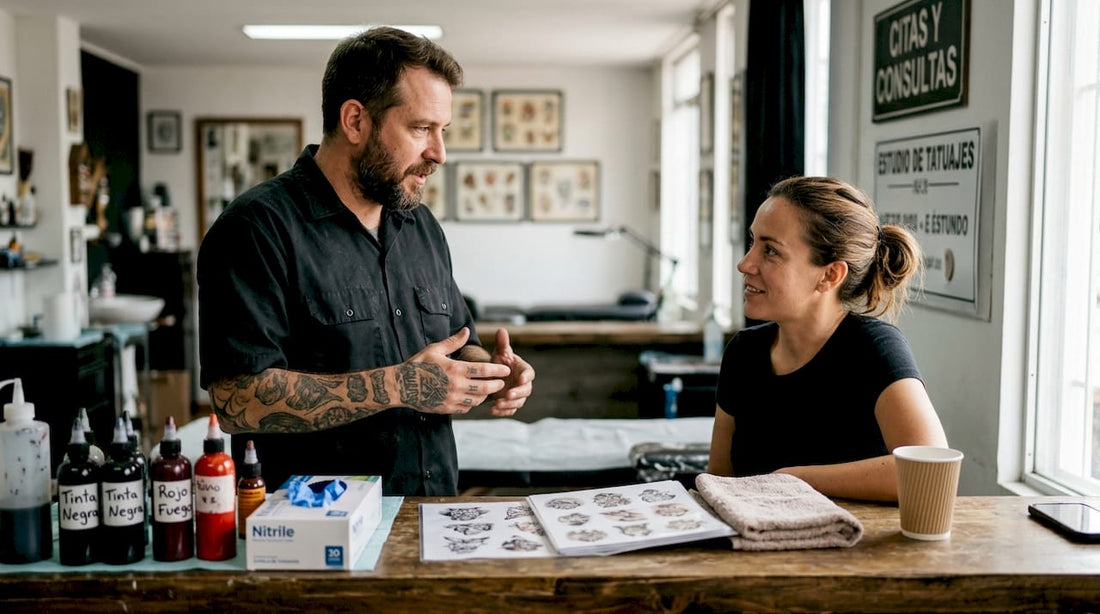 Tatuador explicando a su cliente los cuidados y medidas de higiene antes de empezar la sesión.