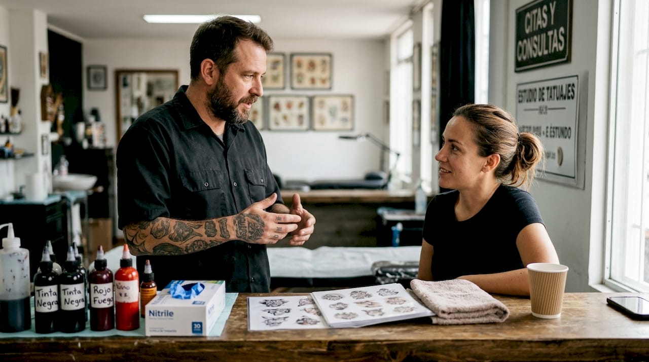 Tatuador explicando a su cliente los cuidados y medidas de higiene antes de empezar la sesión.