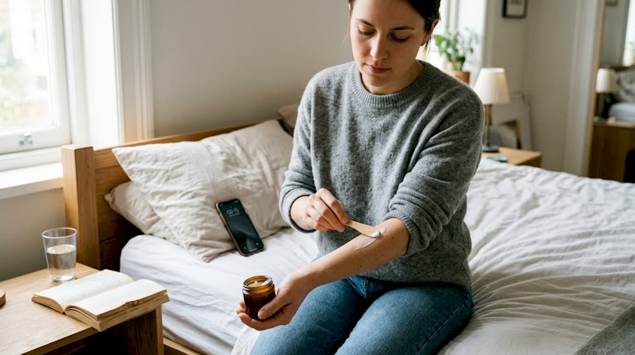 Una mujer se prepara para tatuarse aplicándose crema anestésica en la piel.