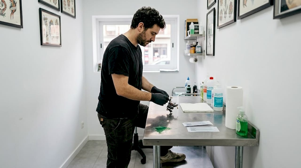 Artista del tatuaje alistando su material en un estudio profesional