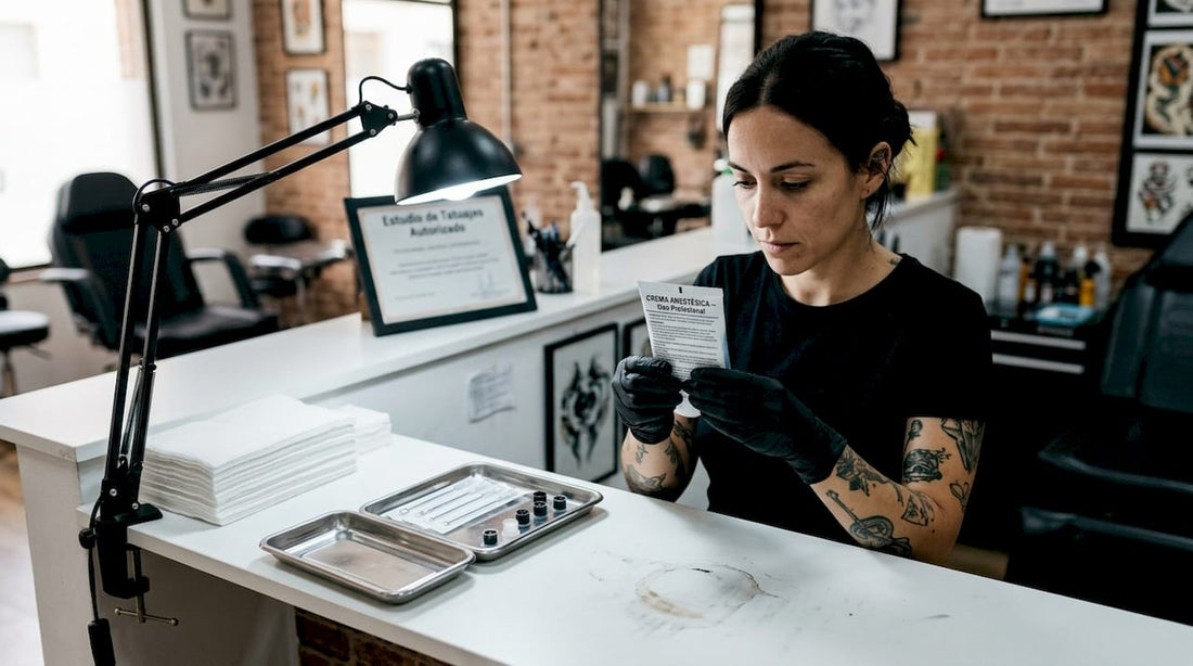 Tatuador alistando su mesa de trabajo y aplicando anestesia antes de comenzar la sesión.