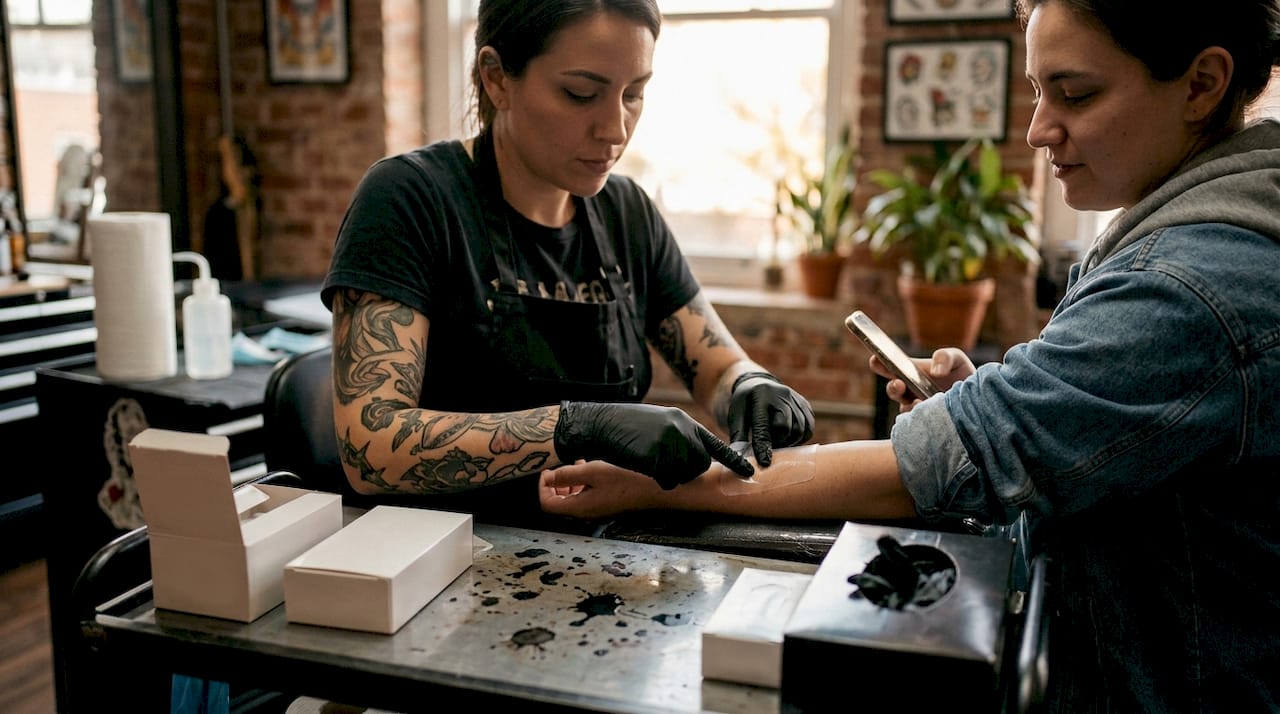 La tatuadora coloca un parche anestésico antes de empezar la sesión en el estudio.