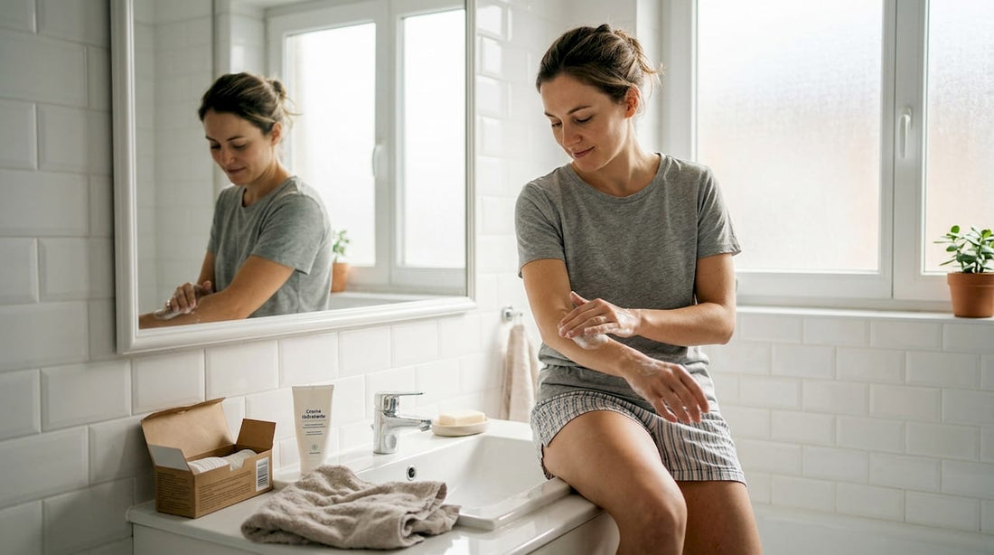 Antes de comenzar la sesión de tatuaje, la mujer se limpia cuidadosamente el antebrazo.