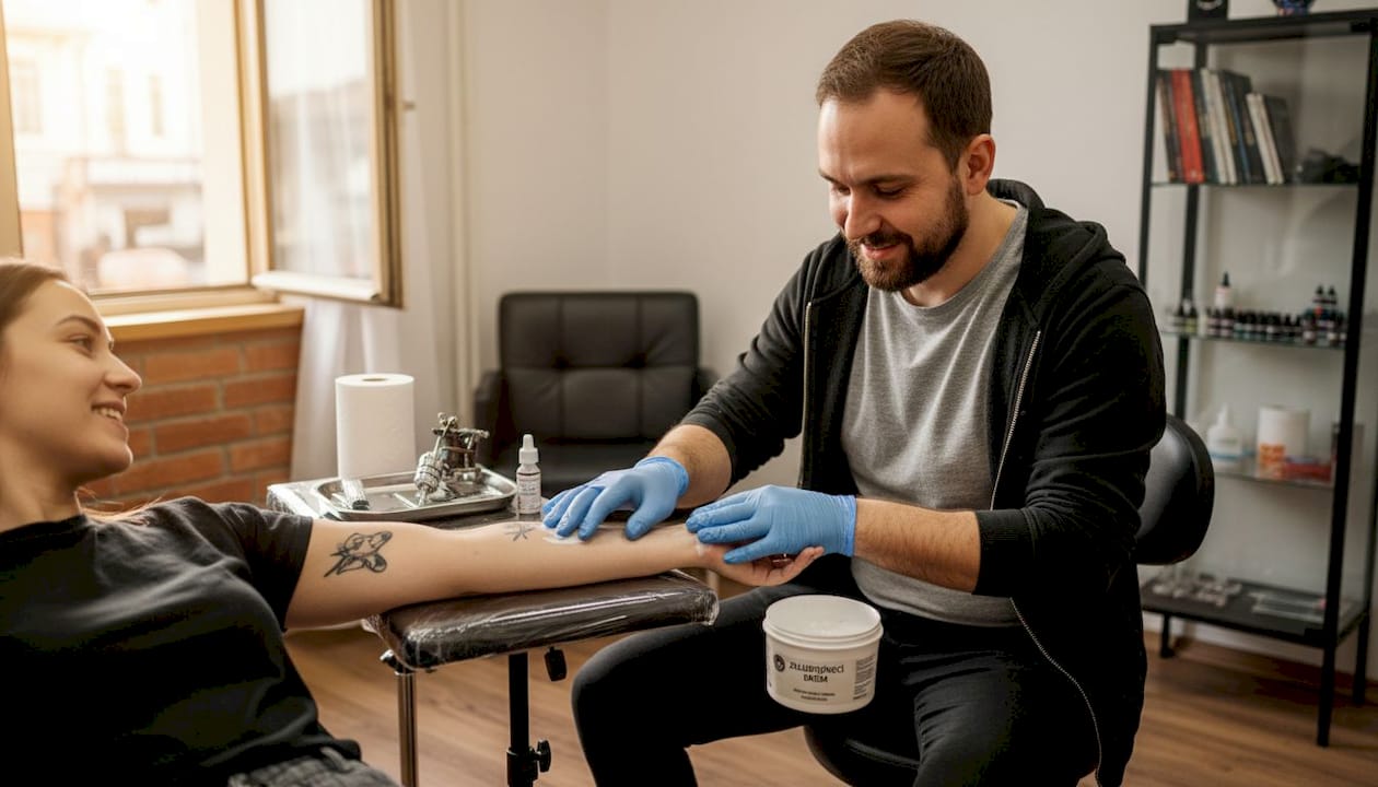 Tatér právě nanáší znecitlivující krém před tetováním ve svém studiu.