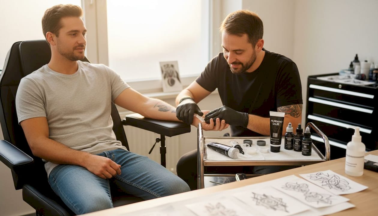 Ein Tätowierer trägt eine betäubende Creme auf, um die Haut vor dem Stechen unempfindlicher zu machen.