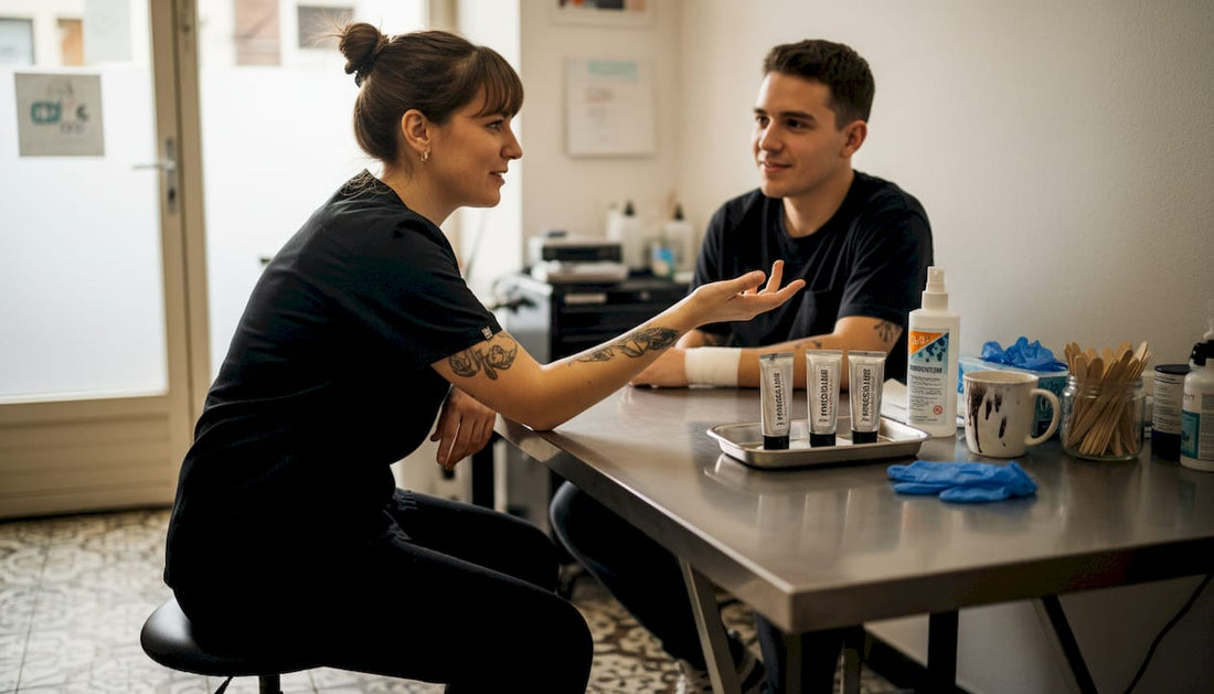 Ein Tätowierer bespricht gemeinsam mit seinem Kunden im Studio das geplante Tattoo.