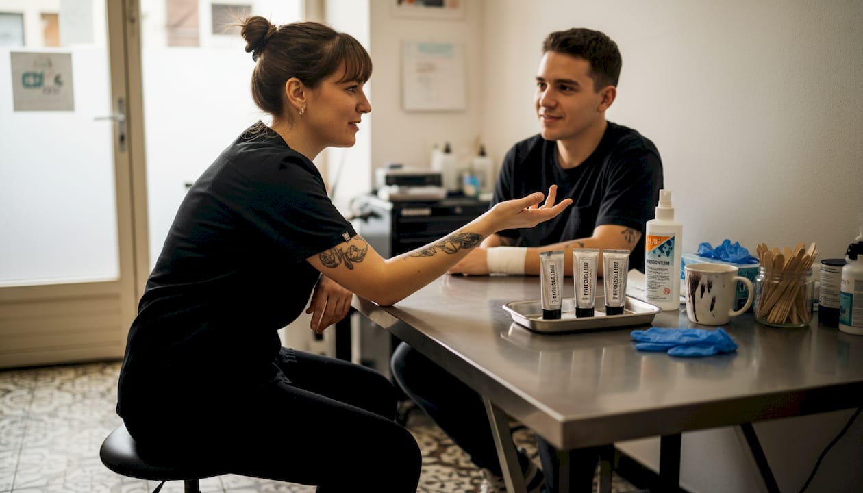 Ein Tätowierer bespricht gemeinsam mit seinem Kunden im Studio das geplante Tattoo.