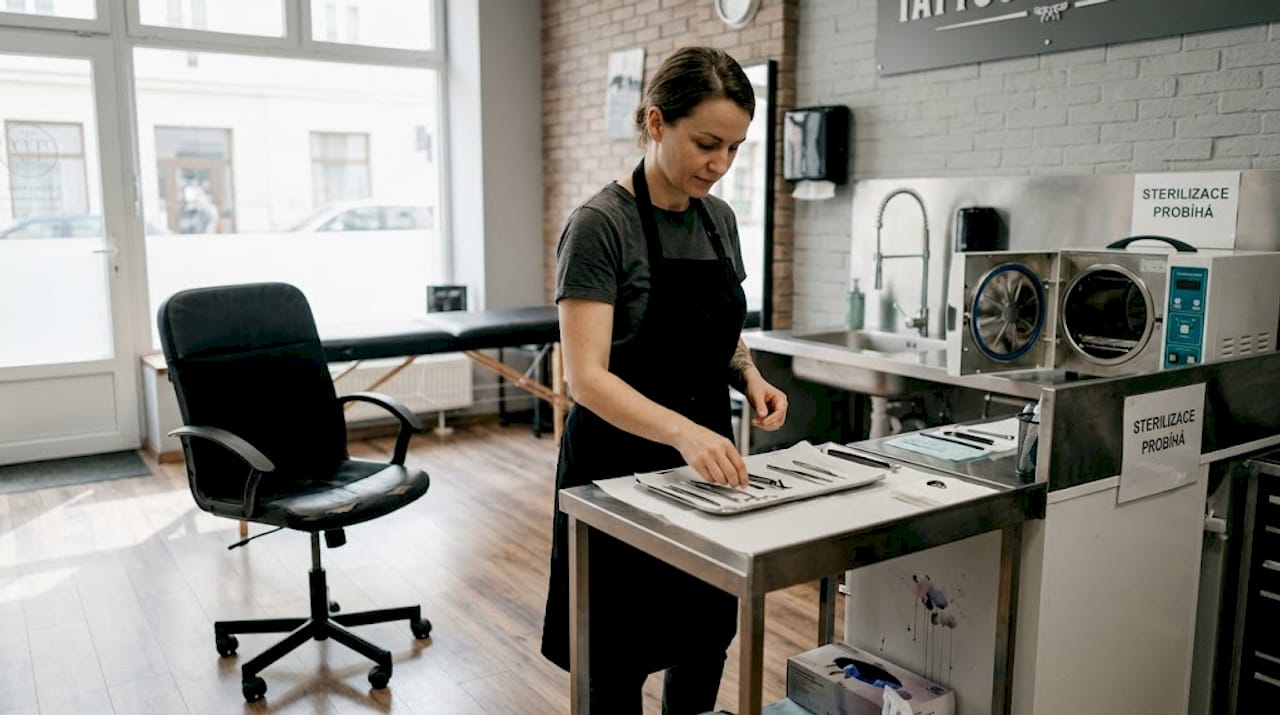 Tatér si pečlivě připravuje své pracoviště v čistém a upraveném studiu.