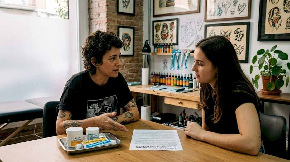 Tatuador conversando con su cliente sobre el uso de anestesia antes de empezar el tatuaje