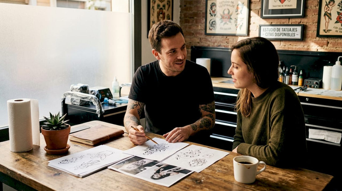 Tatuador atendiendo a un cliente y preparando el diseño en su estudio
