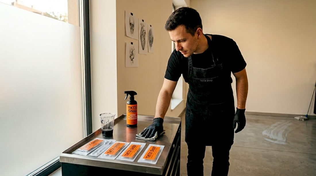 Tatér pečlivě dezinfikuje své pracovní místo ve studiu, aby bylo vše dokonale čisté a připravené pro dalšího klienta.