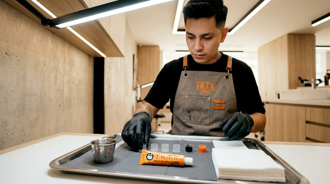 El tatuador aplica crema anestésica antes de comenzar el trabajo.