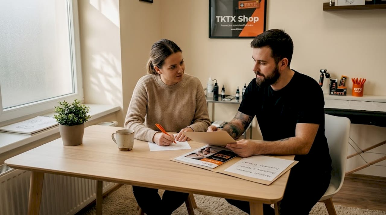 Tatér probírá s klientem návrh tetování v ateliéru.