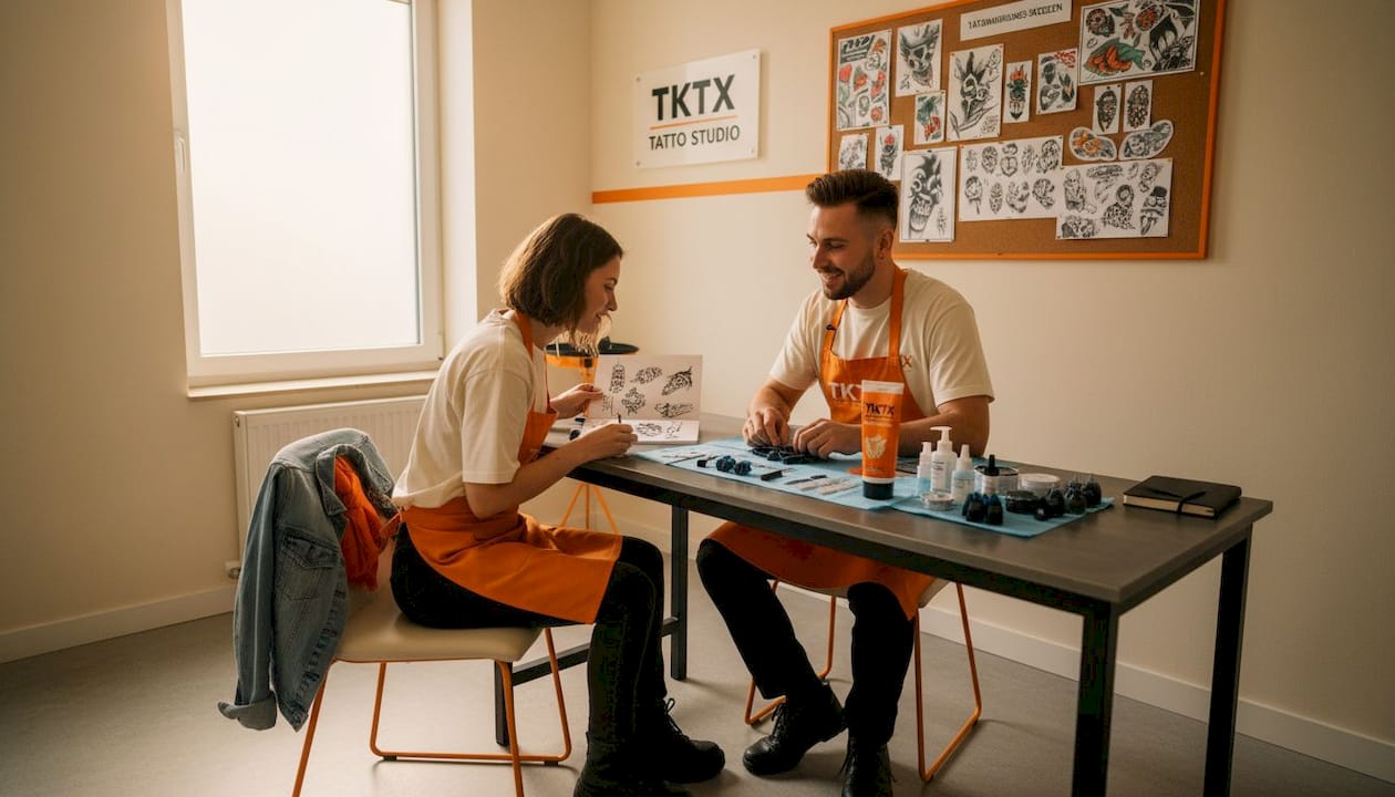 Ein Tätowierer richtet seinen Beratungstisch im Studio her und bereitet alles für das Gespräch mit dem Kunden vor.