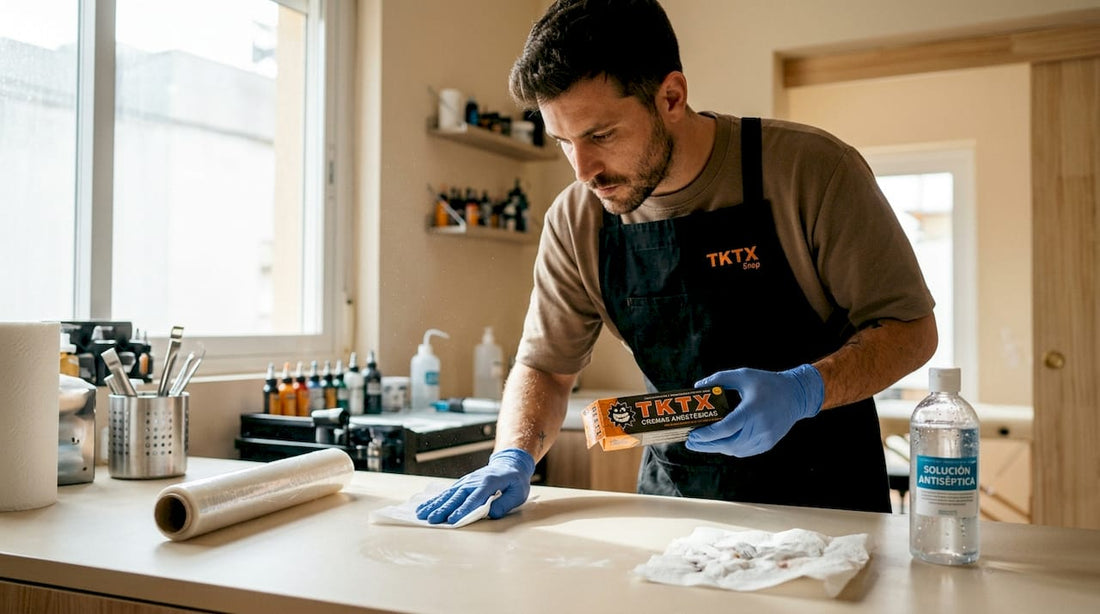 El tatuador está preparando la crema anestésica antes de comenzar la sesión en la cabina.