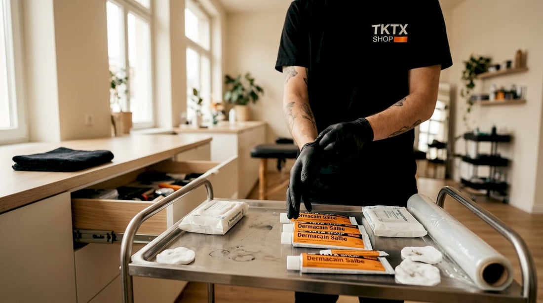 Ein Tätowierer richtet seinen Arbeitsplatz ein und bereitet dabei Dermacain für die Behandlung vor.