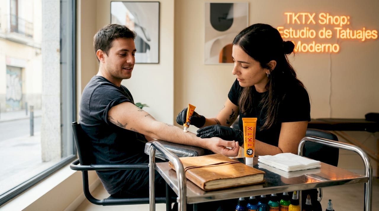 Tattoo artist applying skin anesthetic cream