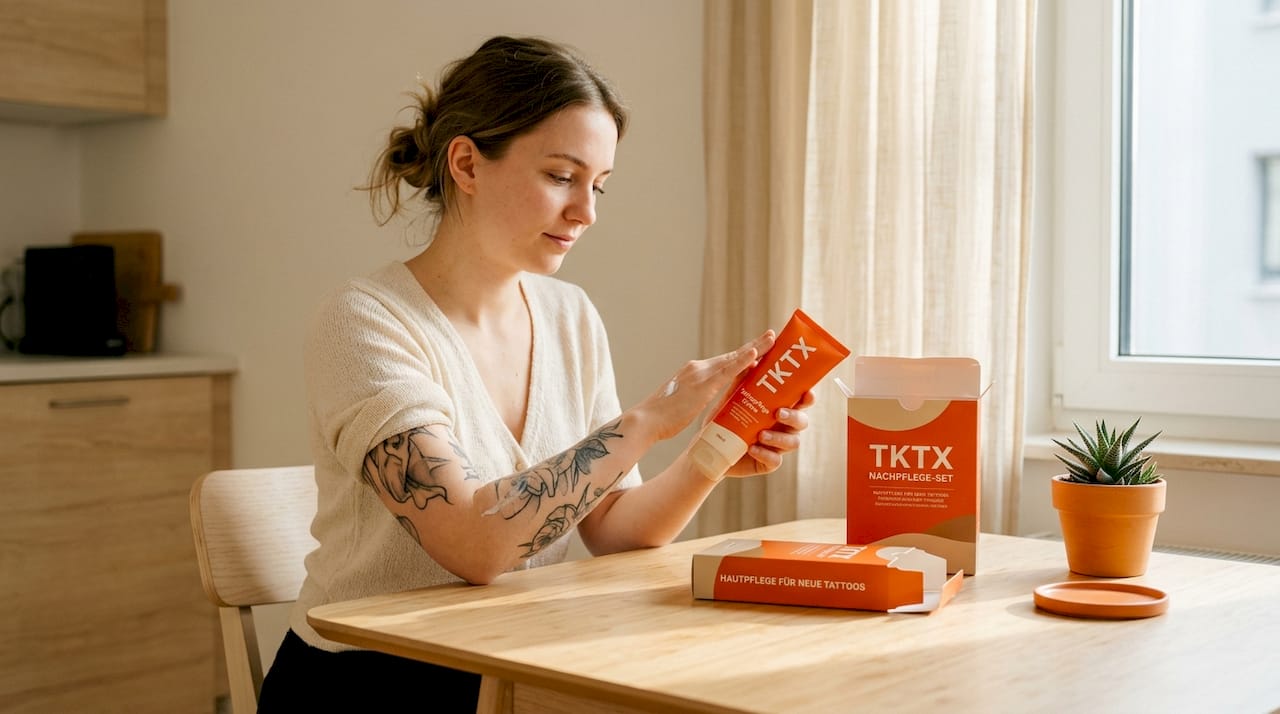 Tattoo-Creme am Küchentisch auftragen