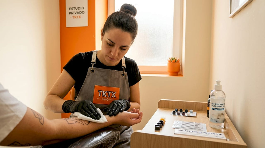 El tatuador prepara cuidadosamente el antebrazo sensible del cliente antes de comenzar la sesión en el estudio.