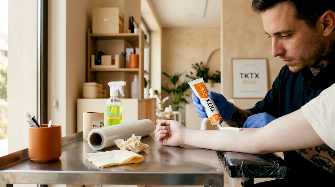 El tatuador le coloca crema anestésica al cliente antes de empezar la sesión.