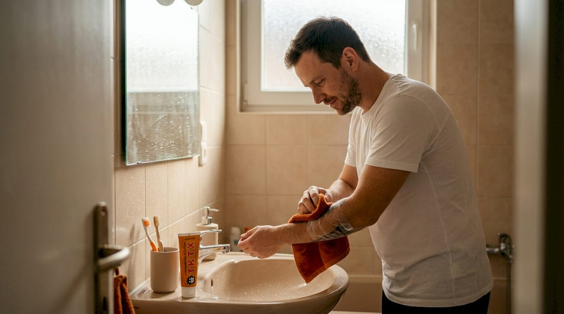 Muž si doma v koupelně pečlivě ošetřuje čerstvou tetování.