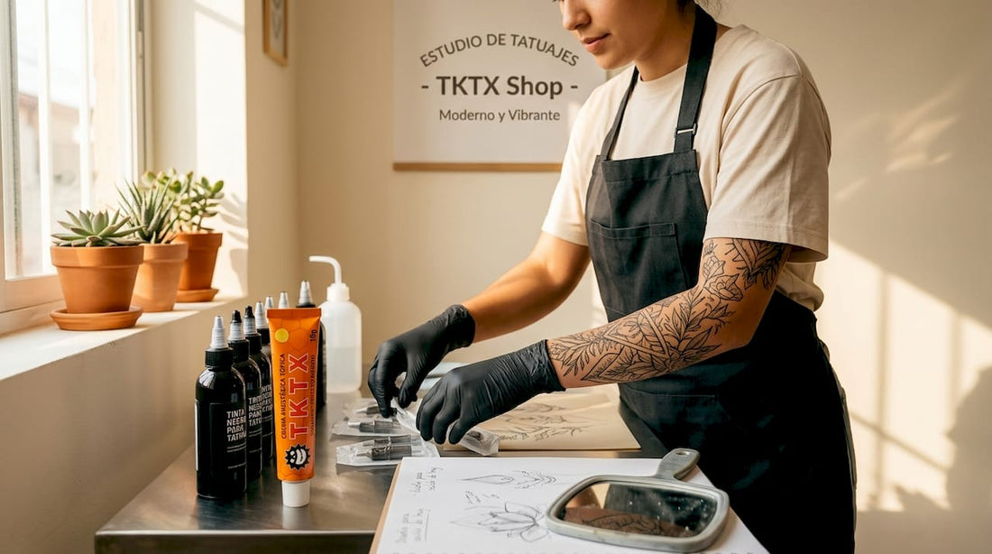 Tatuador preparando todo para realizar un tatuaje de líneas finas