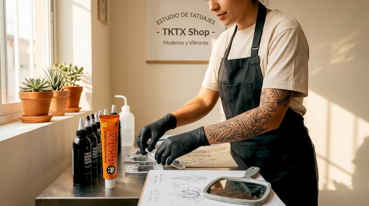 Tatuador preparando todo para realizar un tatuaje de líneas finas